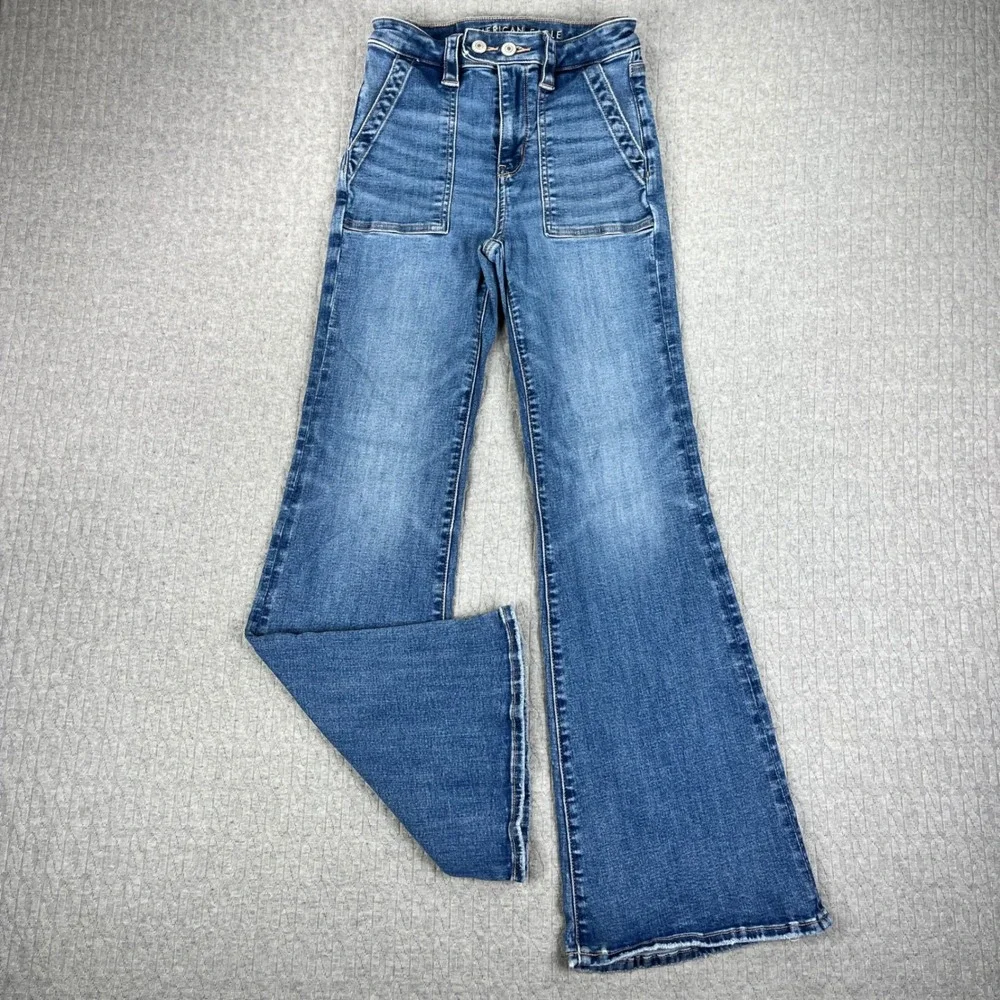 American Eagle Bootcut High Rise Jeans Women‎ 00 Short 22X29 M Wash Blue Stretch